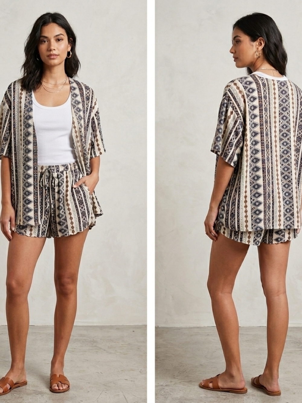 SHEIN Curve Geometric Tribal Print Top in Cream, Navy & Brown